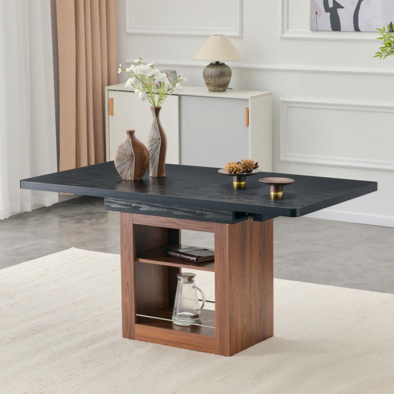 Table de salle à manger extensible avec espace de rangement et table de cuisine extensible de 150 à 180 cm. Table coulissante rectangulaire avec cadre robuste en MDF couleur noyer, pouvant accueillir de 4 à 8 personnes.
