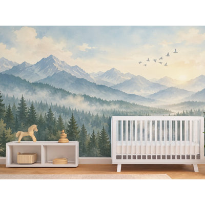 Watercolor Mountain Forest Wallpaper Mural, Peel and Stick Kids Room Wall Mural, Watercolor Nursery Wallpaper Made to Measure