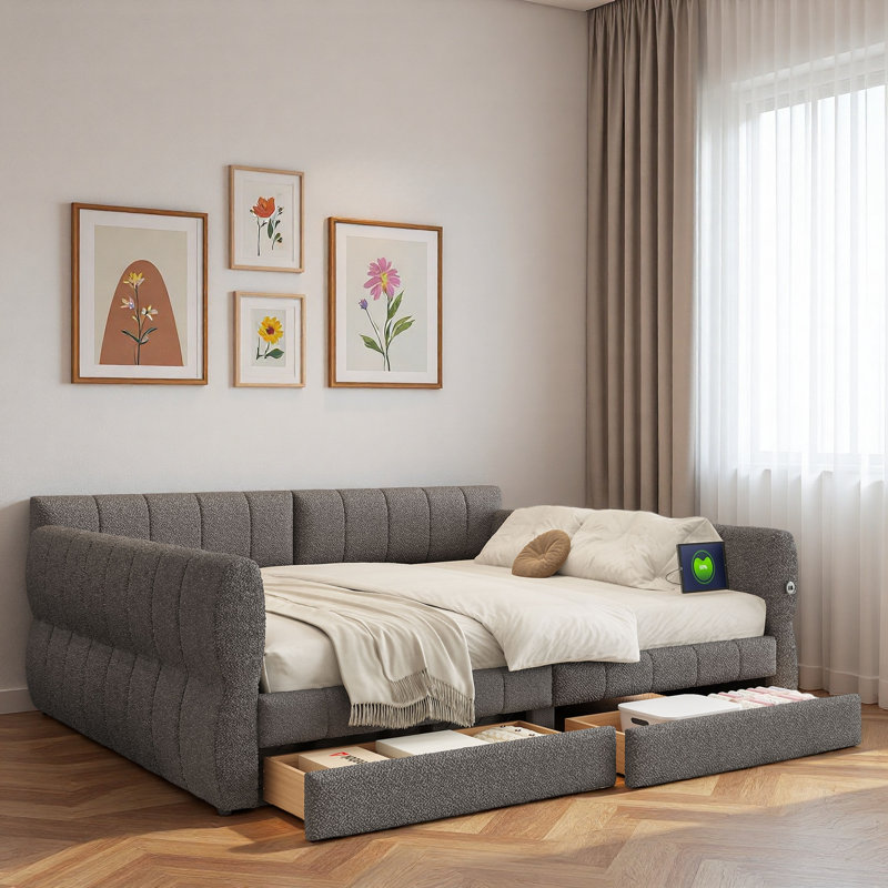 Upholstered Daybed With Usb And 2 Drawers, Gray