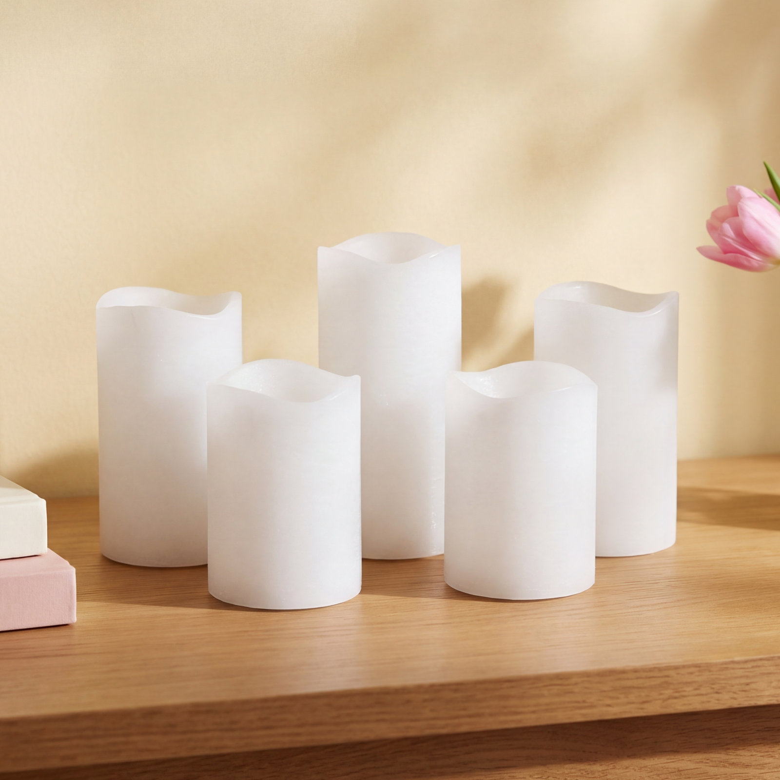 Wavy Top LED Unscented Pillar Candle Set, 5