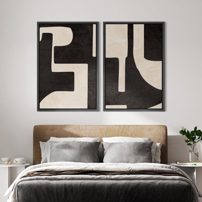 Mid Century Shape Black & Cream Geometric Paint Stroke Abstract Neutral Décor Framed Canvas 2 Pieces Print Wall Art