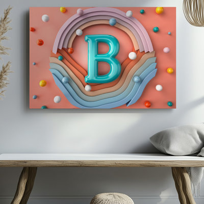 Toile au cœur d'un arrangement sphérique, art mural brillant, lettre B turquoise rayonnant avec un éclat vibrant encadré par une toile