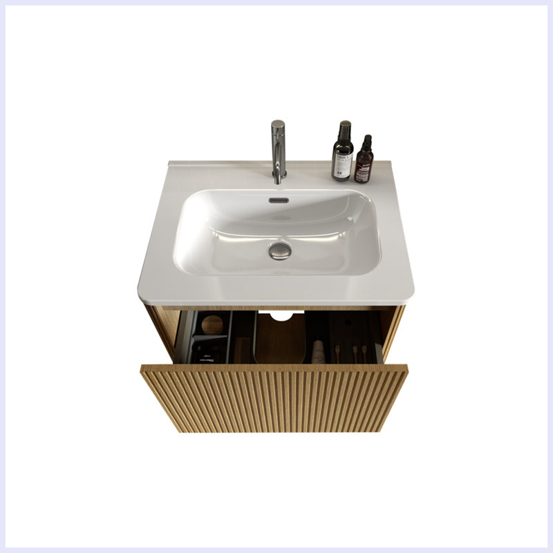 Meuble-lavabo moderne avec lavabo en céramique blanche, Chêne