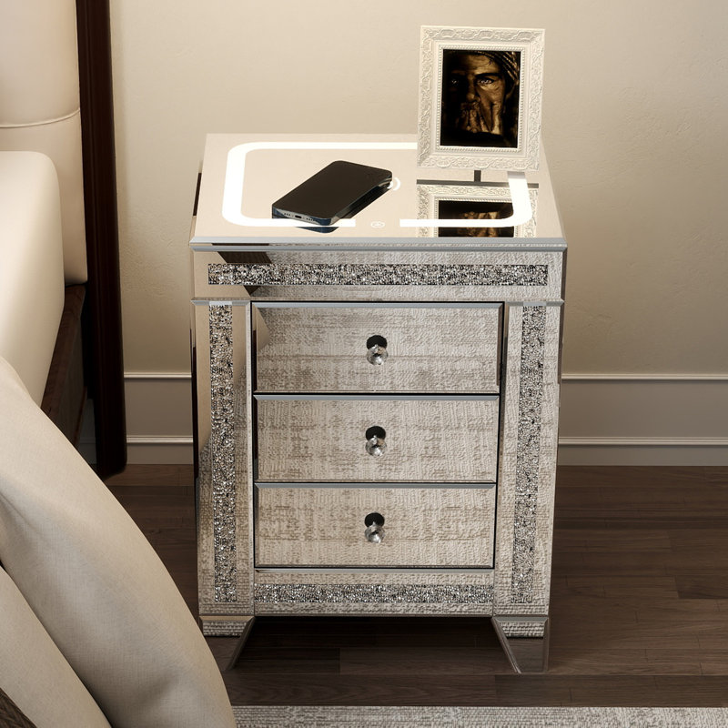 Mirrored Nightstand With Charging Station Wireless, Silver Side Table With Led, Modern End Table Storage Cabinet With 3 Drawers
