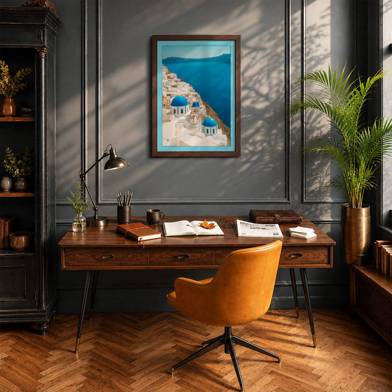 Greek Island Seascape Coastal - Framed Print, A4 - 29.7 x 21.0 cm, Walnut