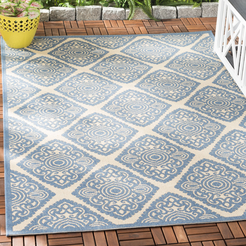 Hardrian Hooked Neutral/Blue Indoor/Outdoor Rug, Rectangle 122 x 183 cm