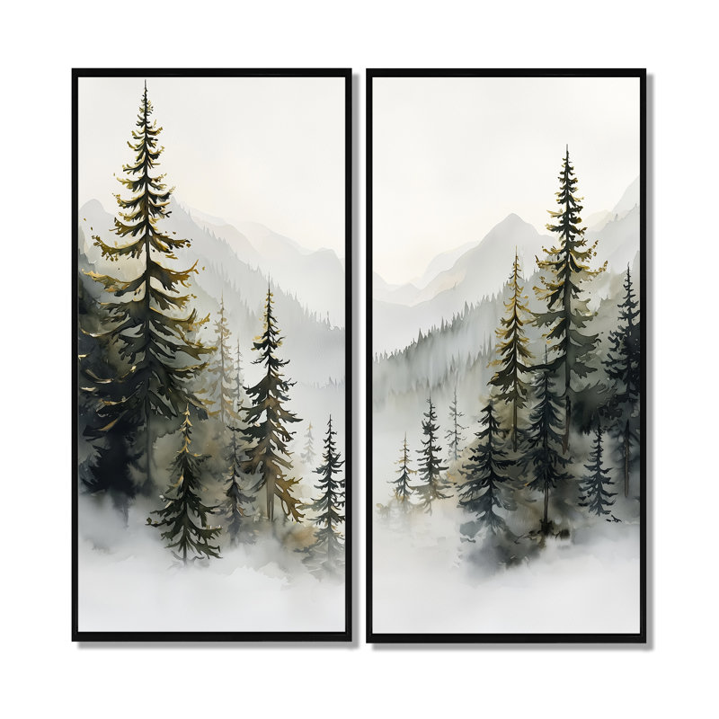 Green Pine Trees Mist Morning III - Tree Pine, grandes impressions sur toile, 2 pièces, H 32 po x l 32 po, Noir