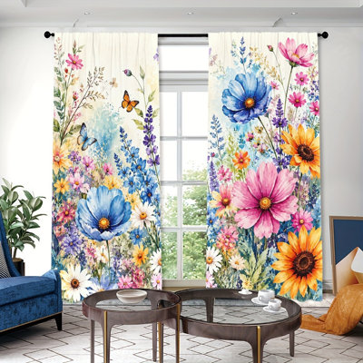2PCS Vibrant Wildflower Meadow Floral Watercolor Print Thin Light Filtering Curtains, Spring Summer Garden Theme Art Decor, Rod Pocket Design, All-Season Drapes for Home Living Room Bedroom Kitchen Decoration