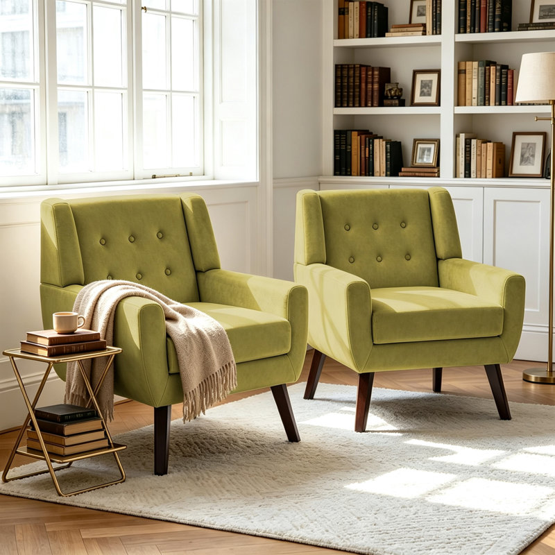 Fauteuil rembourré de velours vert avec dossier en bois massif Davey, Velours vert