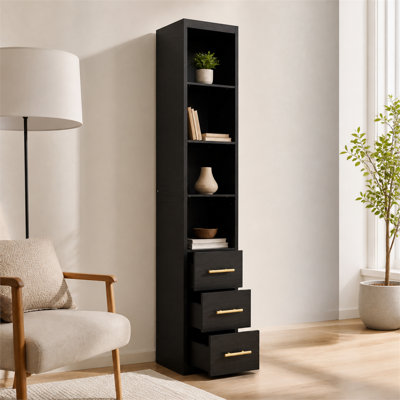 Armoire de rangement haute autoportante étroite H 85,04 po avec tiroir et tablettes, rangement mince pour salle de bain, salle de lavage et salon, noir