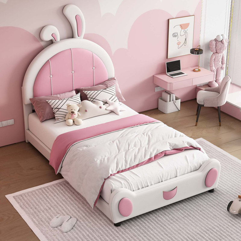 Lit plateforme tapissier simple avec tête de lit en forme de lapin, Blanc