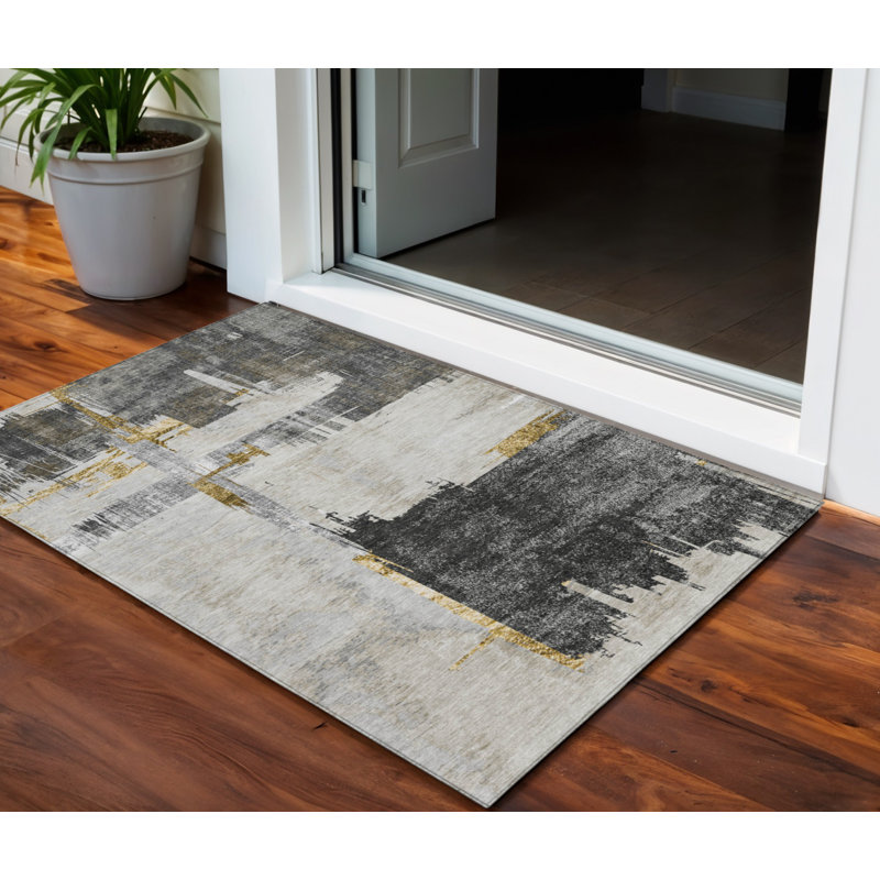 Tapis extérieur lavable abstrait gris et brun clair 3 pi x 5 pi