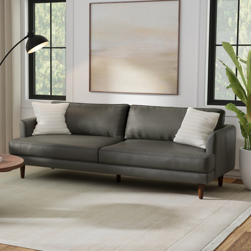 Canapé Mid-Century moderne en cuir véritable Livingston, L 90 po, Charbon