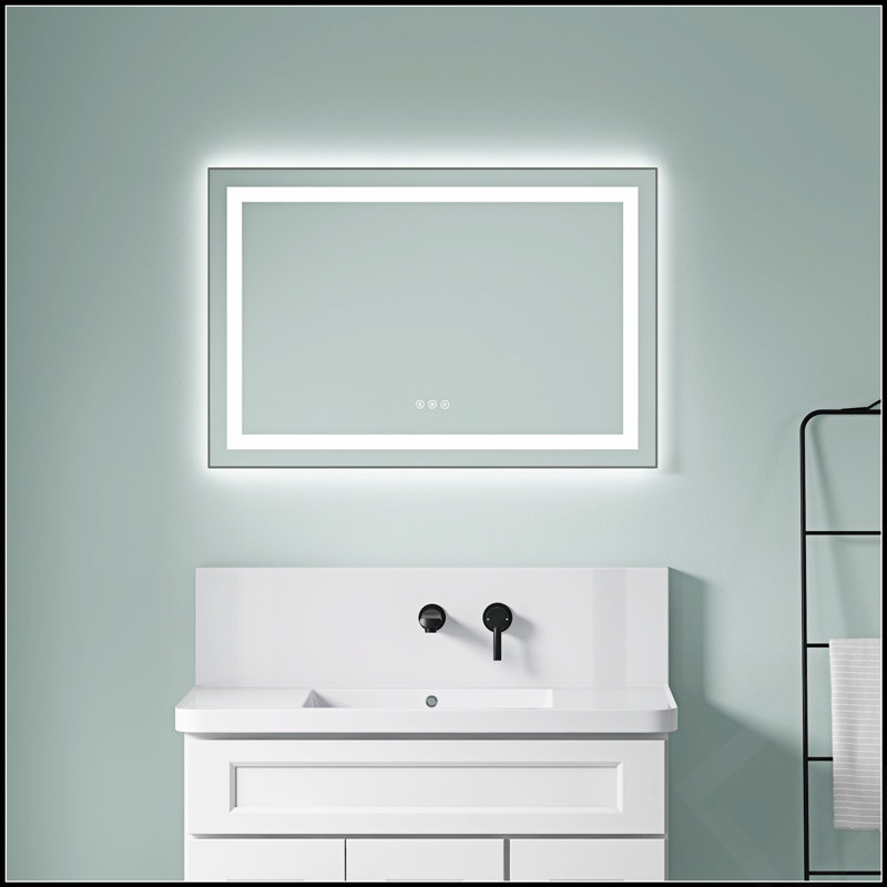 Miroir de salle de bain à DEL avec façade et rétroéclairage, miroir de meuble-lavabo mural avec cadre en aluminium, antibuée, mémoire, 3 couleurs, gradation continue
