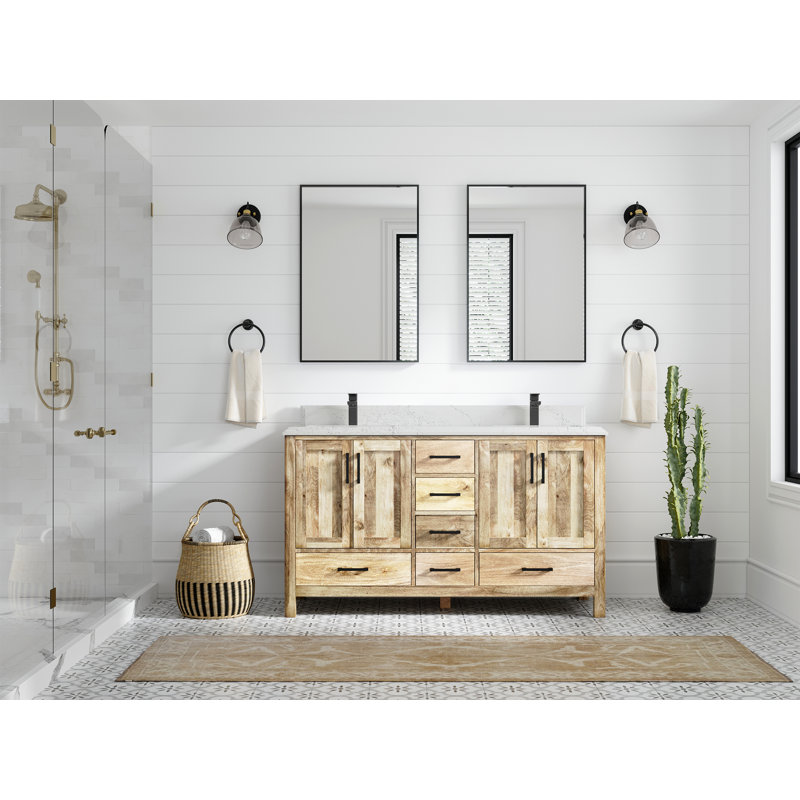 Malibu 60'' Double Bathroom Vanity with Quartz Top, Whitewashed, Empira