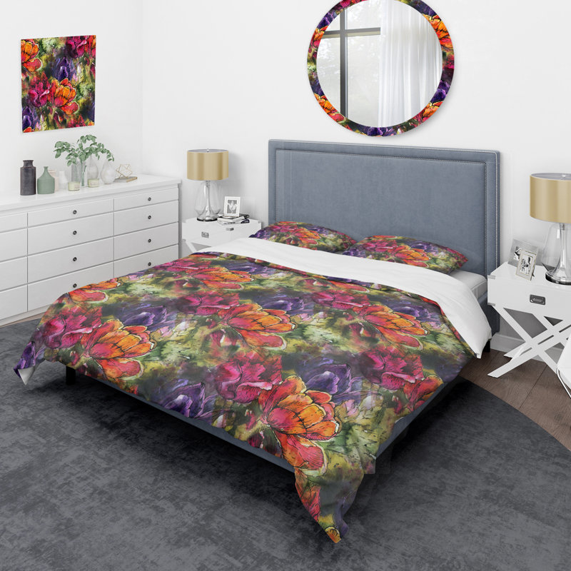 Colourful Flowers - Cabin & Lodge Duvet Cover Set, King Duvet Cover + 2 King Shams