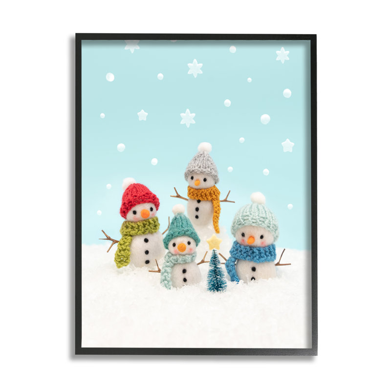 Arbre de Noël «Winter Snowmen» encadré sur bois par Lemon & Sugar, Giclée encadrée noir minuit, H 14 po x l 11 po