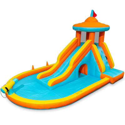 Glissade d'eau gonflable Outfunny, maison de rebond pour les enfants de 3 à 8 ans avec grande glissade et pataugeoire, amusement aquatique dans la cour, capacité de 500 lb, souffleur de 450 W - orange