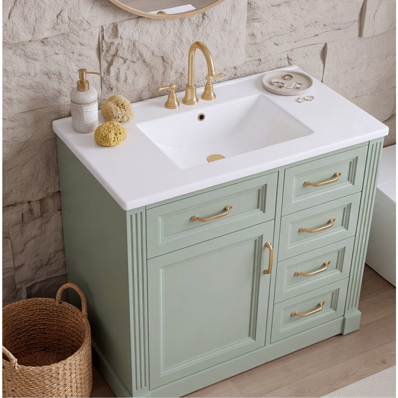 Meuble-lavabo moderne 36 po avec lavabo en céramique, 4 tiroirs, armoire à fermeture douce, finition verte