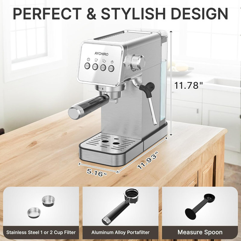 Espresso Machine With Steam Wand, 1350W Stainless Steel Compact Coffee Maker For Home Barista