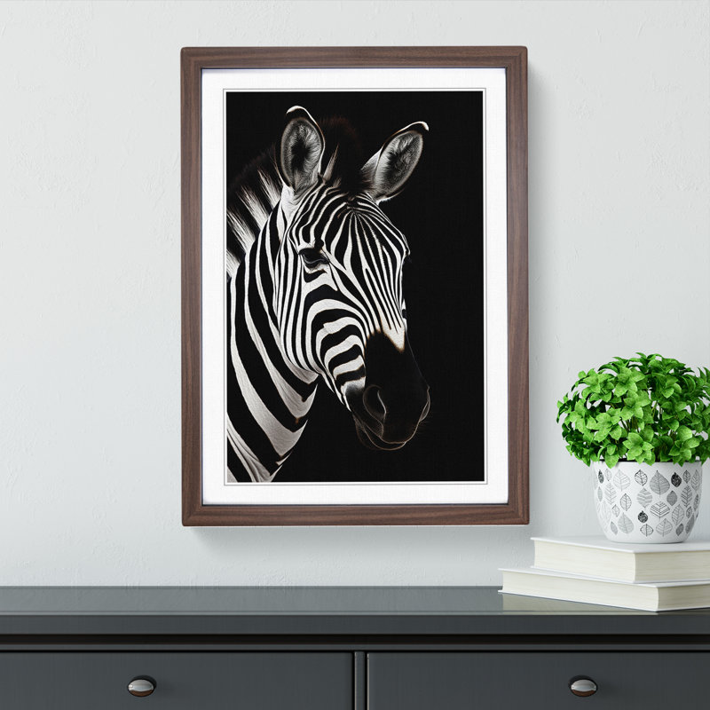 Zebra Minimalism - Single Picture Frame Print on Wood, 46cm H x 34cm W x 2cm D, Walnut