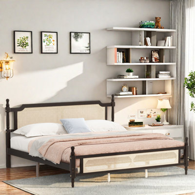 Wooden Platform Bed With Rattan Headboard And Footboard
