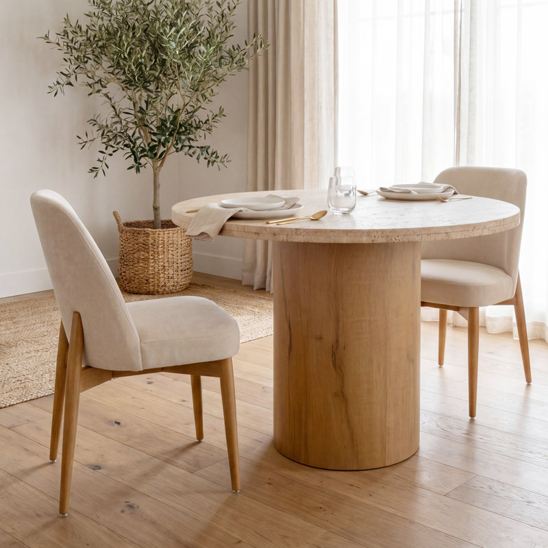 Bacco Curved Back Oatmeal Fabric Dining Side Chair, Beige/Natural