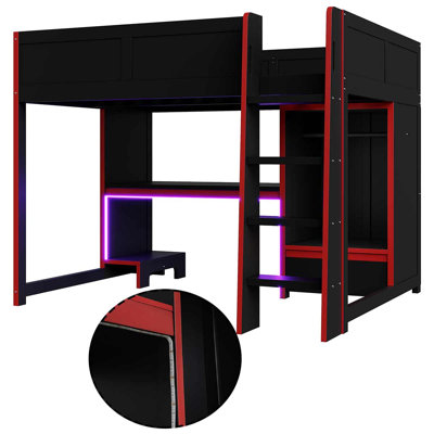 Lit mezzanine en bois avec bureau intégré, garde-robe et DEL pour adolescent et adultes