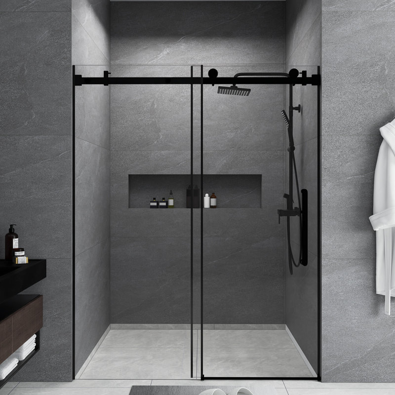 56-60 "W X 76" H Frameless | Single Sliding | Shower Door | 1/4 Inch Transparent Glass With Explosion Proof Film | Stainless Steel Handle | Square Tube Track | Matt Black