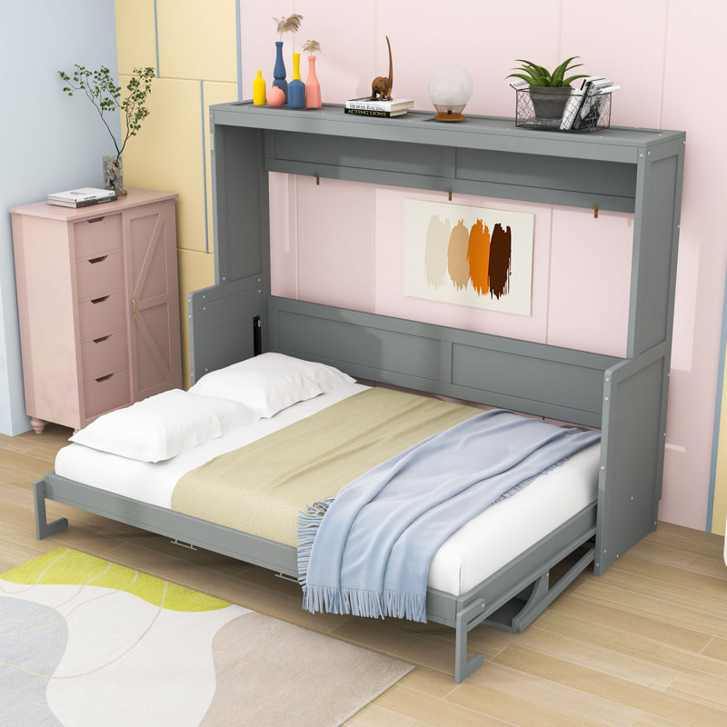 Lit escamotable en bois avec tablettes de rangement, gris, Grand