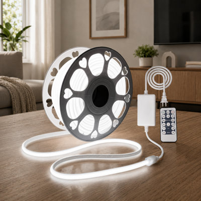 Flexible, dimmable outdoor white COB rope lighting in a 100FT/30M length, operating on AC 110V~120V with waterproof construction, remote control, and 6000K daylight-white output for gardens, patios, buildings, and commercial decor.