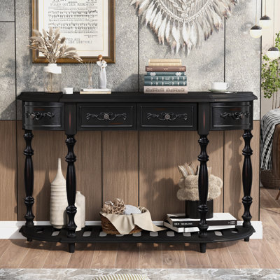 Retro Curved Console Table, 52" Solid Wood Half Moon Console Table Sofa Table With 4 Drawers 1 Open Shelf For Living Room,Entryway,Hallway