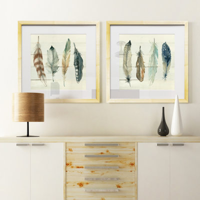 Shiplap Feathers I - Reproduction de l'histoire naturelle, mat et encadré sous verre acrylique, ensemble de 2, art mural pour salon et étude