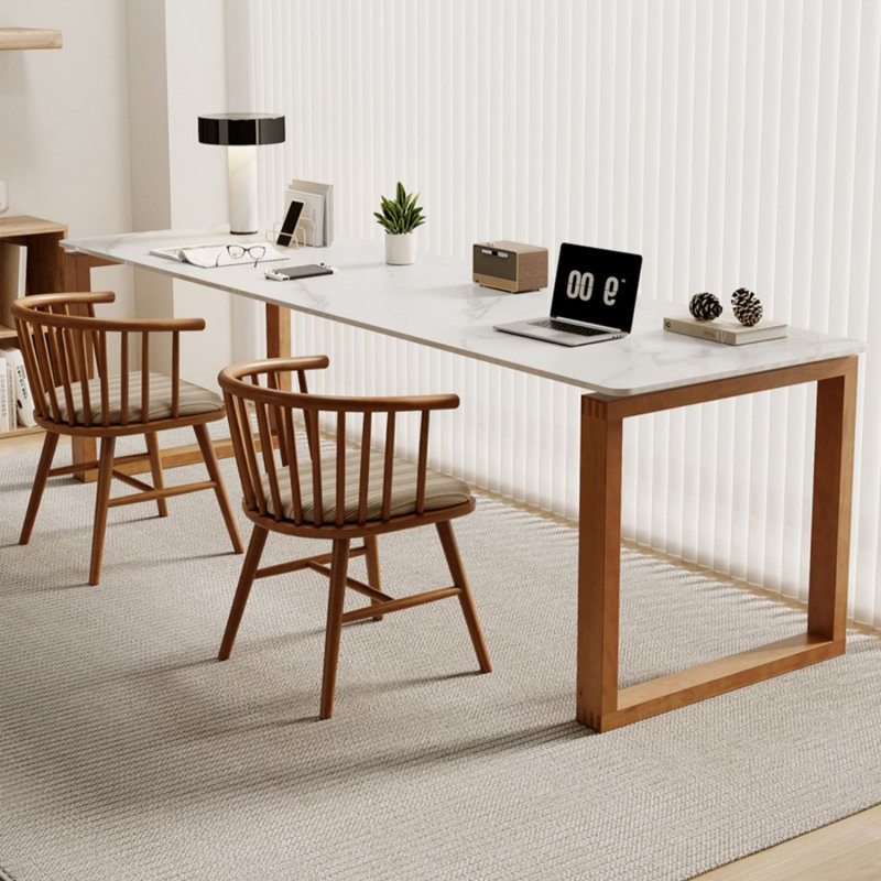Blanc + brun fritté rectangulaire pierre + bureau en bois massif, Blanc / Brun, H 29,53 po x l 86,61 po x P 23,62 po