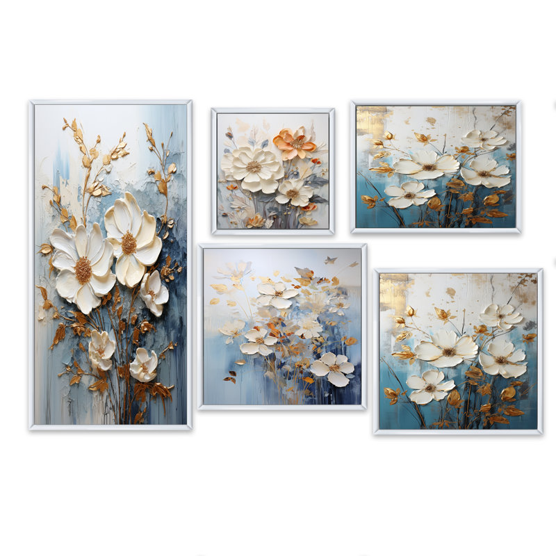 Ensemble de salon mural doré doré et blanc avec fleurs saisonnières Dream IV - Seasonal Flowers, Cadre flottant blanc