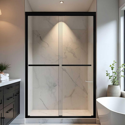 Double Sliding Frameless Shower Door, 44-48" W x 72" H, 1/4" (6mm) Clear Tempered Glass, Easy No-Cut Installation for Walk-In Showers, Matte Black Finish