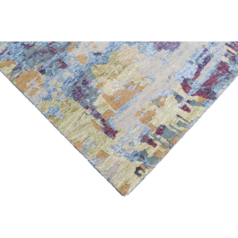 Hand Knotted Abstract Area Rug in Blue/Red/Gray, Rectangle 9' x 12'