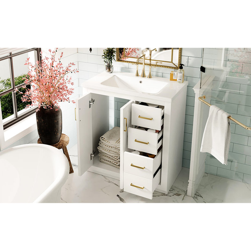 Meuble-lavabo de 30 po avec lavabo en céramique, structure en bois massif, charnières à fermeture douce, planches, 3 tiroirs, rangement spacieux, glissière de tiroir lisse, motif de rainure unique, portes à cadre rétro, exquis