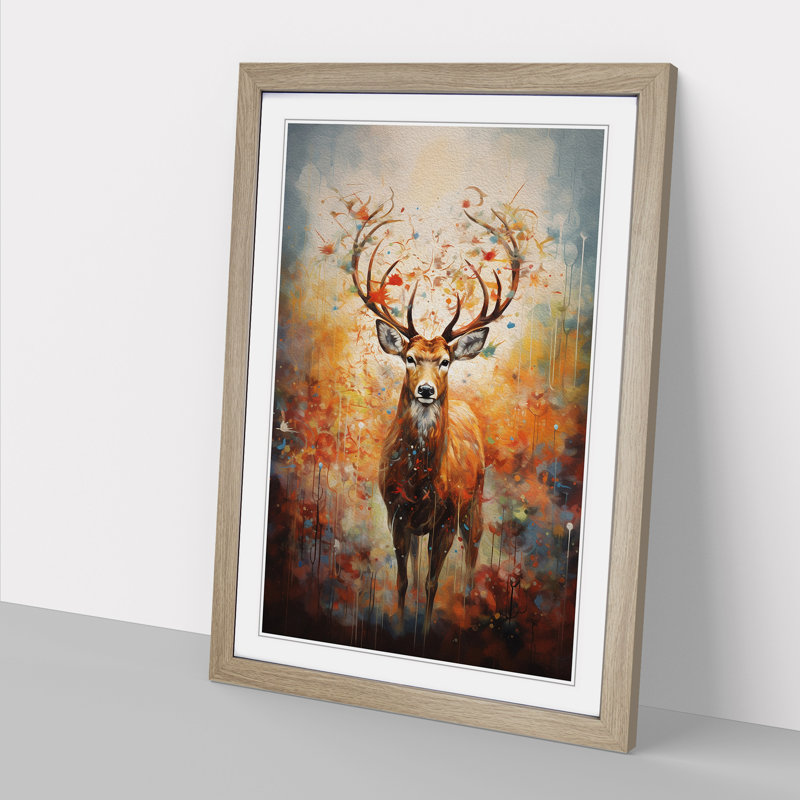 Deer Modern - Single Picture Frame Print on Wood, Oak Framed, 34cm H x 25cm W