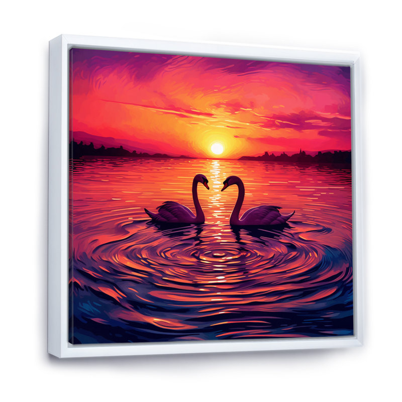 Cygnes amoureux, coucher de soleil romantique I, H 24 po x l 24 po, Cadre flottant blanc
