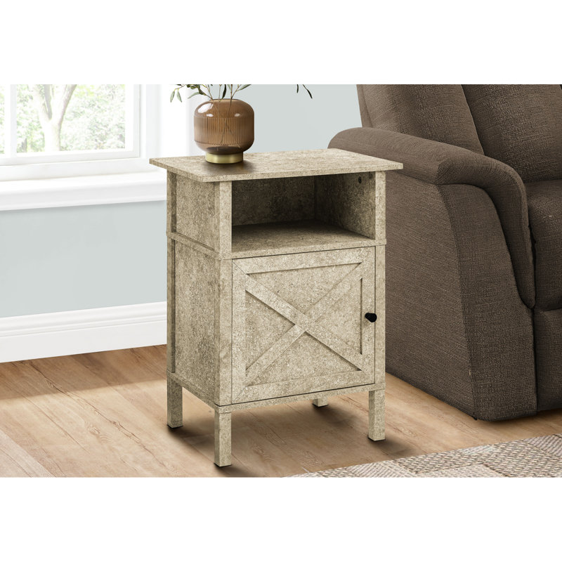 Table d'appoint pratique de style transitionnel avec plateau en stratifié couleur pierre crème, idéale pour les petits espaces de vie, offrant rangement et esthétique.