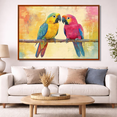 Art mural oiseau tropical, toile aviaire jungle, duo d'oiseaux tropicaux