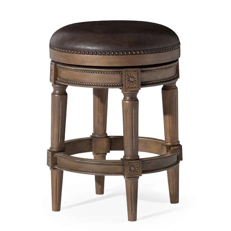 Maven Lane Pullman Backless Swivel Kitchen Stool with Upholstery Seat, Counter Stool (26" Seat Height), Walnut/Faux Leather
