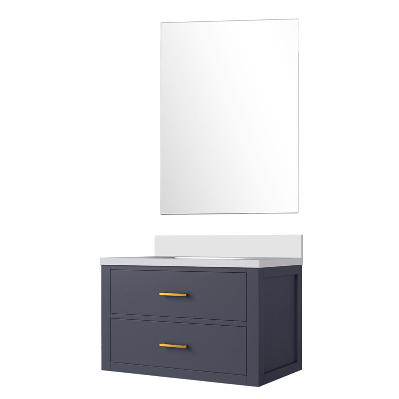Meuble-lavabo simple bleu l 30 po x P 22 po, comptoir en quartz blanc, 28 po Miroir, fermeture en douceur, bois massif et coiffeuse, miroir inclus,