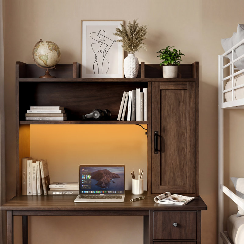 Étagère de bureau en bois avec rangement intégré, poste de recharge et rétroéclairage DEL, Brun