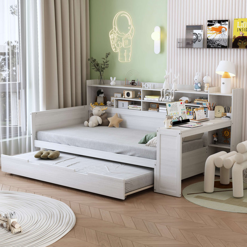 Wooden Daybed With Storage Shelves, Multi-Functional Bed With Trundle Bed And  Study Desk, Twin, Antique White