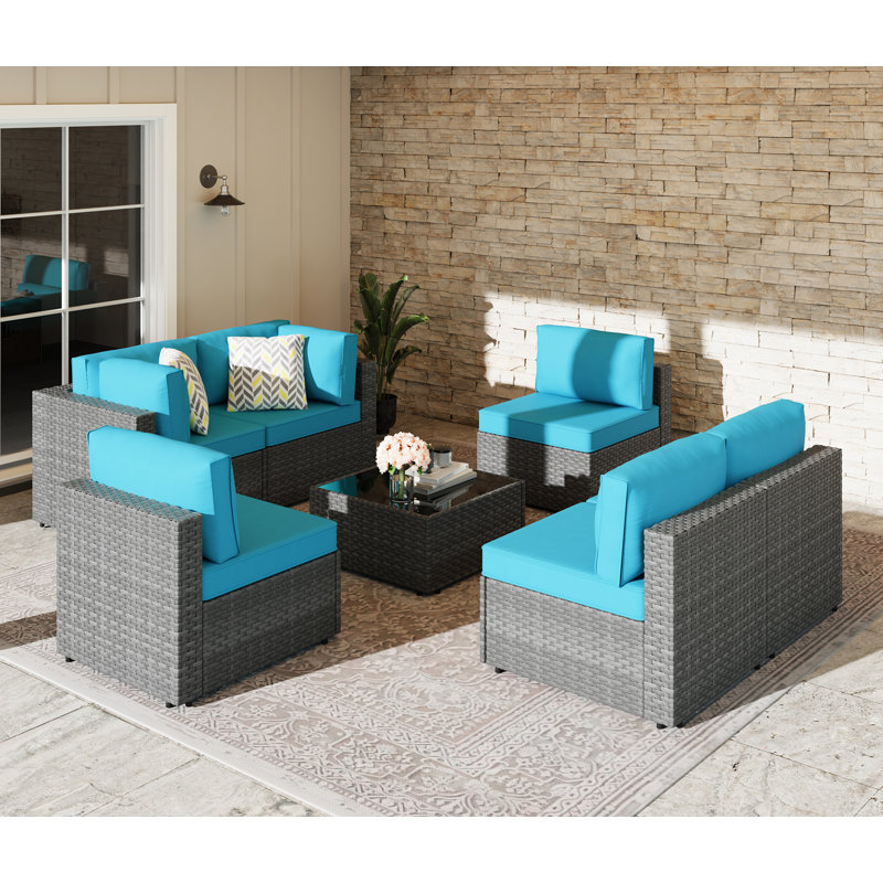 Ensemble de conversation d'extérieur pour 6 personnes avec coussins Alivia, Bleu/gris