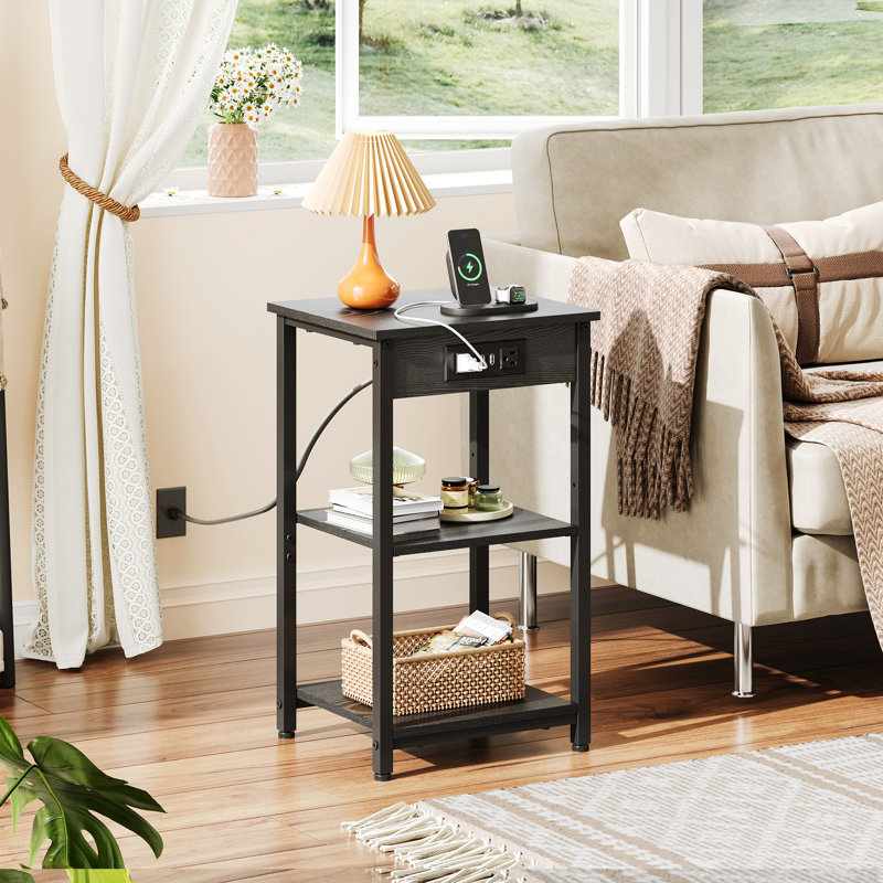 Travison 22.8"H Tall Nightstand with Charging Station, End Table with 3-Tier Storage Shelves, Slim Bedside Table for Small Spaces, Living Room, Bedroom