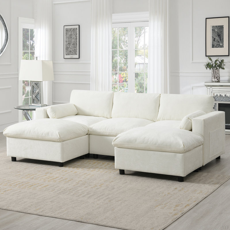 Canapé modulaire 86,5 po en chenille modulaire avec poches de rangement, ensemble de canapé en U à 5 places avec coussins, combinaison libre, canapé nuage moderne avec 2 repose-pieds mobiles pour le salon, appartement