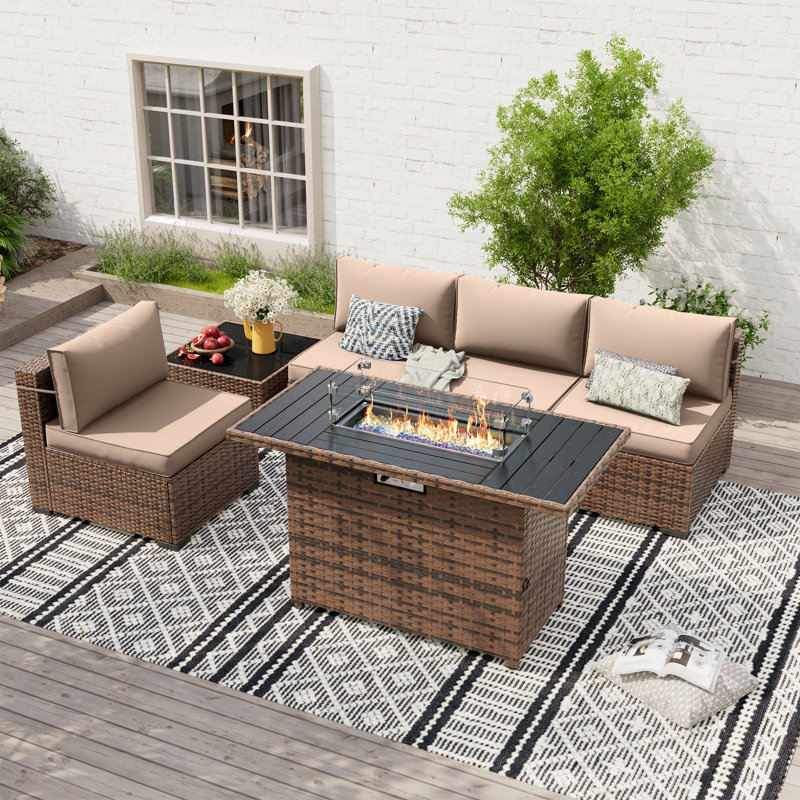 Rikuto 4-Person Conversation Sets With Supportive Back Cushions, Fire Pit Table, Coffee Table, Khaki